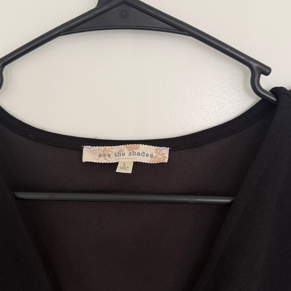 See the Shades  Black Top with Sheer Polka Dot Sleeves Sz Large Puff Sleeves - Picture 4 of 9